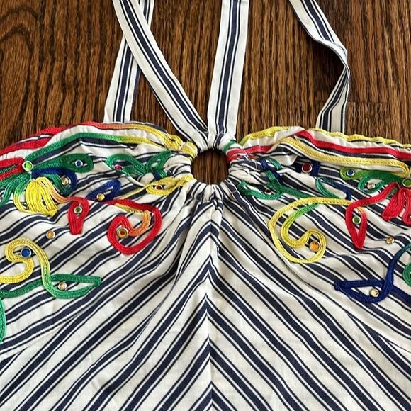 Tiny XS Anthropologie Avril Emroidered Striped Halter Top $110 Blue - Picture 5 of 7